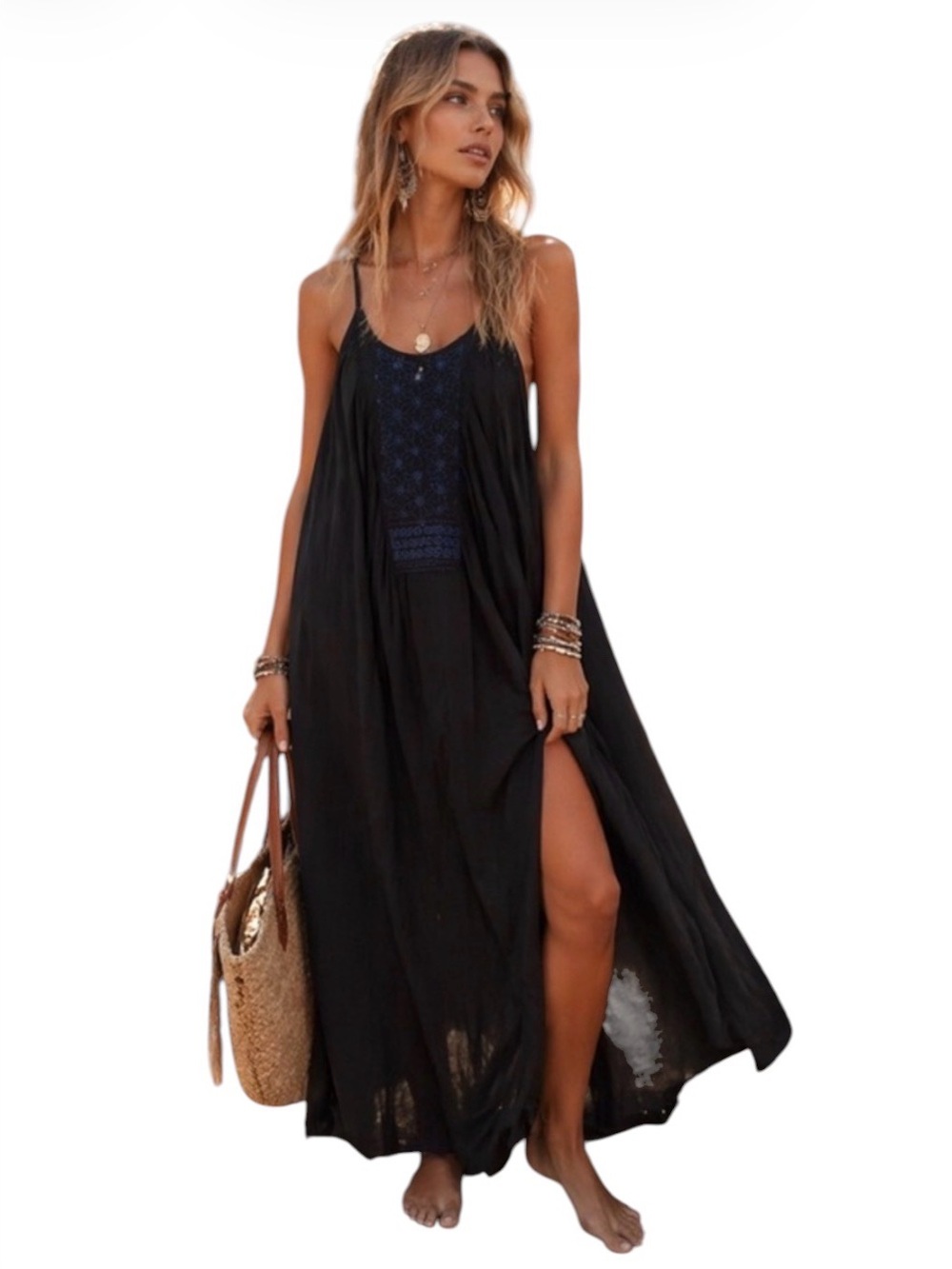 ST. ROCHE Navy Blue Embroidered Bohemian Summer Organic Cotton S